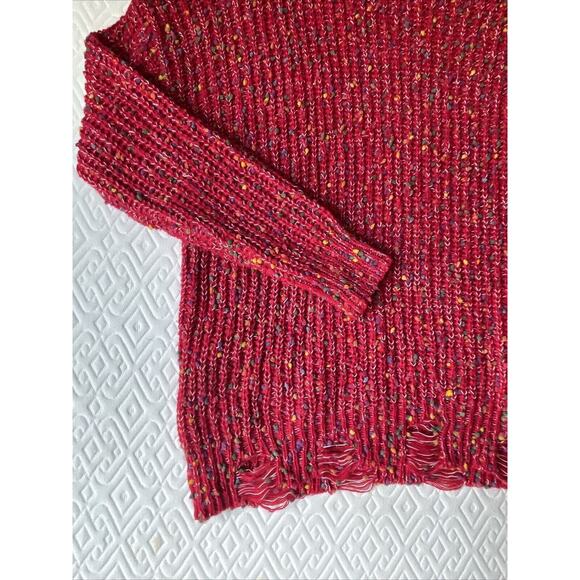 Main Strip Distressed Mini Pom Pom Confetti Sweater Red Multi Size LARGE Womens - Picture 4 of 9